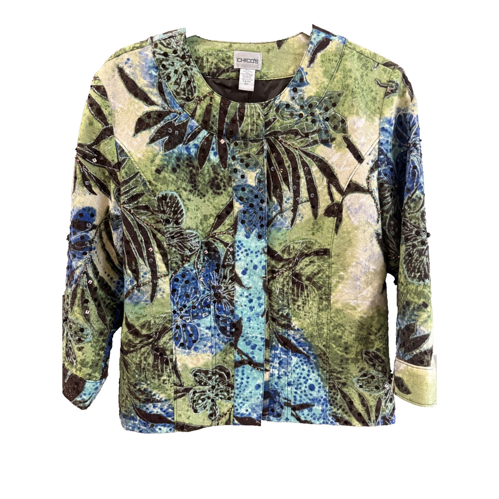Chico's Size 1 Green/Blue Embellished Jacket Maximalist Sequins Dressy